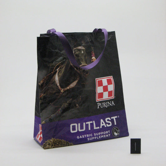 A Purina Outlast Gastric Support Supplement bag, featuring a black and purple design with a horse graphic, purple handles, and a small black scale marker on a white background.